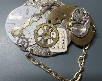 Vintage Steampunk Watch Movement Brooch Pin Handcrafted Altered Art Signed Shirl