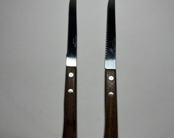Lot of 2 Vintage Japan Stainless Steel Steak Knives Serrated Wood Handle Vtg