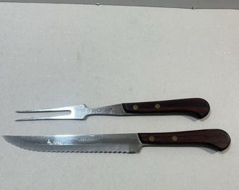 Vintage Lifetime Cutlery Japan 2pc Carving Set Even Sharp Knife & Meat Fork Wood