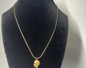 Vtg Gold Tone Mom Charm Necklace Sweet Little Boy Head Profile Blue Stone 18"