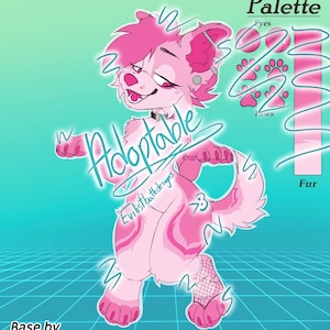 May include: A digital illustration of a pink and white canine character with the word "Adoptable" in a stylized font. The character has a collar, ear piercings, and a fishnet stocking on one leg. The background is a gradient of teal and blue with a grid pattern.