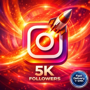 May include: A vibrant graphic featuring the Instagram logo with a rocket ship blasting off. The image is set against a fiery red and orange background, with the text "5K FOLLOWERS" prominently displayed. A blue circle indicates "Fast Delivery 1-24h".