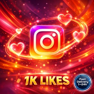Può includere: Grafica vibrante con il logo di Instagram al centro, circondato da cuori luminosi e scie di luce. Il testo "1K LIKES" è in oro, con un badge "Consegna veloce".