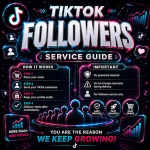 Puede incluir: Gr&aacute;fico promocional con fondo negro y acentos en azul ne&oacute;n y rosa. El texto dice "TikTok Followers Service Guide". Incluye instrucciones e iconos para un proceso seguro, entrega r&aacute;pida y pedido f&aacute;cil.