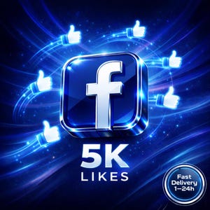 May include: A digital graphic featuring the Facebook logo in a blue square, with glowing thumbs-up icons and light trails. The text "5K LIKES" is below the logo, with a "Fast Delivery 1-24h" badge.
