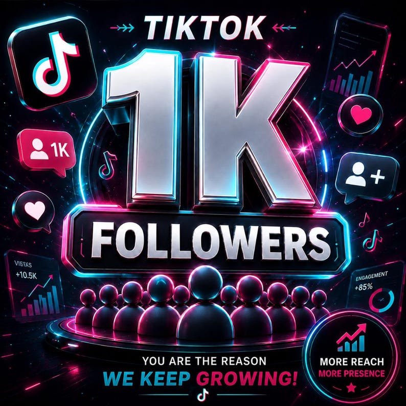 Puede incluir: Gr&aacute;fico digital que promociona TikTok con el texto "1K FOLLOWERS". La imagen presenta el logotipo de TikTok, una burbuja de di&aacute;logo con una persona y el n&uacute;mero "1K", as&iacute; como otros iconos de redes sociales. Tambi&eacute;n se incluye el texto "YOU ARE THE REASON WE KEEP GROWING!"