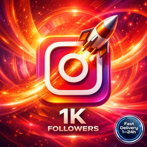 May include: A vibrant graphic featuring the Instagram logo with a rocket ship blasting off. The image is set against a fiery red and orange background, with the text "1K FOLLOWERS" and a "Fast Delivery" badge.