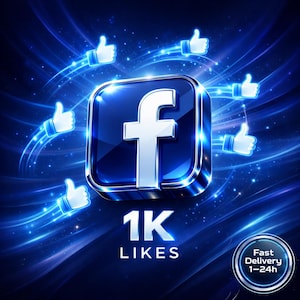Può includere: Grafica digitale con il logo di Facebook in un quadrato blu lucido, circondato da icone di pollice in su bianche. Il testo "1K LIKES" è sotto il logo, con un badge "Fast Delivery 1-24h" in basso a destra. Lo sfondo è blu scuro con linee luminose.