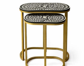 Handmade In India wooden bone inlay sidetable - bedside - nightstand-coffeetable Set Of Two- nesting table