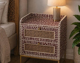 Boho bone inlay  Bedside Table with Drawer and Shelf, Black White Nightstand, Small Bedroom Side Table Storage epoxy table