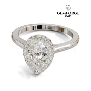 Design av päronhalo-förlovningsring – CAD-fil för 3D-smycken – STL och 3DM – Klar för 3D-utskrift