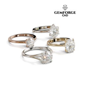 Puede incluir: Cuatro anillos de compromiso de diamantes en varios acabados metálicos: oro rosa, oro amarillo y plata. Cada anillo presenta un diamante prominente y brillante. El logotipo de Gemforge CAD está en la esquina superior derecha.