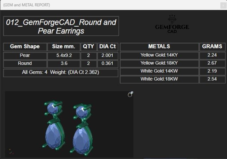 May include: A digital rendering of GemForgeCAD earrings. The design features pear and round-shaped gems. The report details gem shape, size, quantity, and carat weight. Metals include yellow and white gold, with corresponding gram weights. The earrings have a green and blue color scheme.