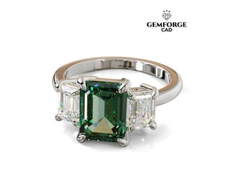 Drei Smaragdschliff Verlobungsring CAD - 2.00ct Trilogie Ring - STL & 3DM - Luxus