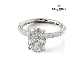 Oval Pavé Verlobungsring CAD - 2ct - Diamantenfassung - Schmuck STL & 3DM