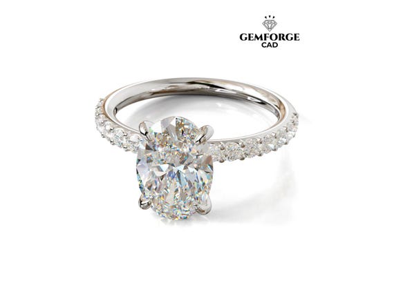 Oval Pavé Engagement Ring CAD - 2ct -  Diamond Shank Setting - Jewelry STL & 3DM