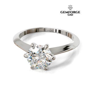 Op de afbeelding: Een zilveren solitaire verlovingsring met een grote, rond geslepen diamant. De diamant wordt vastgehouden door zes klauwen. De ring is gezet in een gepolijste zilveren band. Het Gemforge CAD logo is zichtbaar.