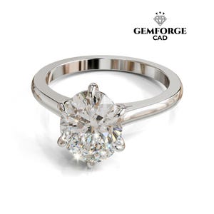 Anillo de compromiso solitario ovalado estilo catedral de seis puntas. Archivo CAD de joyería 3D (STL y 3DM). Listo para impresión 3D.