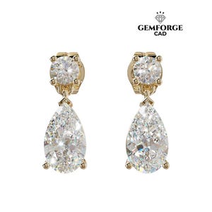 May include: A pair of gold-colored drop earrings with a round diamond at the top and a pear-shaped diamond hanging below. The earrings are set against a white background. The logo "GEMFORGE CAD" is in the top right corner.