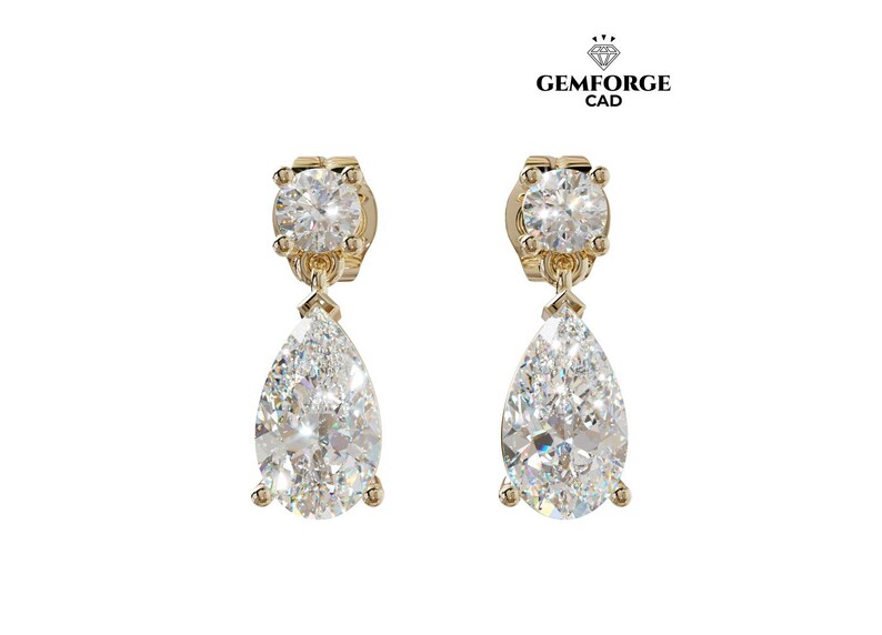 May include: A pair of gold-colored drop earrings with a round diamond at the top and a pear-shaped diamond hanging below. The earrings are set against a white background. The logo "GEMFORGE CAD" is in the top right corner.