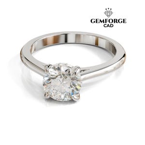 May include: A solitaire engagement ring with a large, round, clear diamond set in a polished silver band. The ring is displayed on a white background, with the Gemforge CAD logo in the upper right corner.