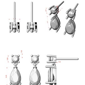 May include: A detailed illustration of stud and drop earrings. The stud earrings have a round top with four small spheres and a post. The drop earrings feature a round top, a teardrop-shaped gem, and measure 9.20 mm in length.