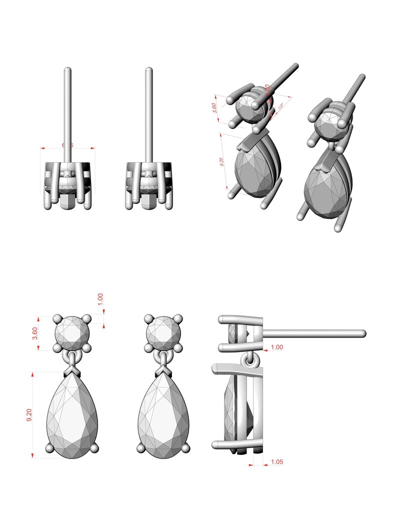May include: A detailed illustration of stud and drop earrings. The stud earrings have a round top with four small spheres and a post. The drop earrings feature a round top, a teardrop-shaped gem, and measure 9.20 mm in length.
