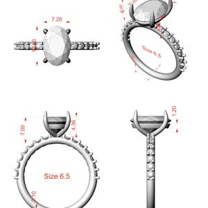 May include: A detailed illustration of a ring with an oval-cut center stone and a band adorned with smaller stones. The ring is shown from multiple angles, with measurements in cm. The ring size is 6.5.