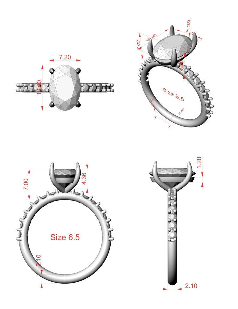 May include: A detailed illustration of a ring with an oval-cut center stone and a band adorned with smaller stones. The ring is shown from multiple angles, with measurements in cm. The ring size is 6.5.