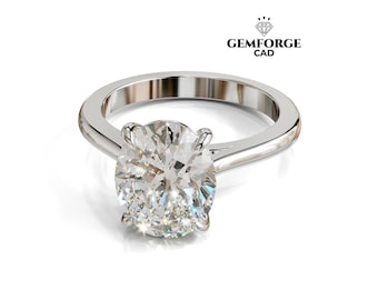 Oval Solitaire Engagement Ring 3D CAD File – Tapered Shank, STL & 3DM
