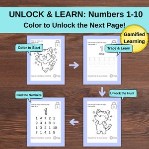 May include: Educational activity pages for children, featuring numbers 1-10. The pages include tracing, colouring, and number identification exercises. The text reads "UNLOCK & LEARN: Numbers 1-10 Color to Unlock the Next Page!" and "Gamified Learning".