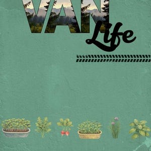 Op de afbeelding: Een turquoise poster met de woorden "VAN Life" in een met landschap gevulde lettertype en een cursief "Life" eronder. De afbeelding bevat illustraties van microgroenten en de tekst "Een eenvoudige gids om je eigen microgroenten te kweken."