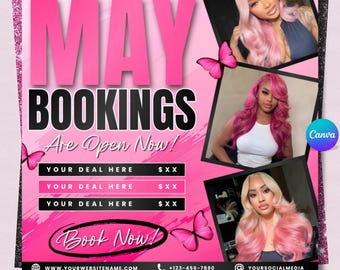 Mai-Buchungen verfügbar DIY-Vorlage, bearbeitbarer Mai-Flyer, DIY-Canva-Vorlage für Make-up, Haare, Wimpern, Nägel, Social-Media-Flyer, jetzt buchen