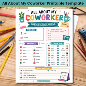 Könnte beinhalten: Eine farbenfrohe, druckbare Vorlage mit dem Titel "All About My Coworker". Das Design enthält Abschnitte für persönliche Details, Vorlieben und Favoriten, mit spielerischen Illustrationen und Text wie "Danke!" und "Vielen Dank!"