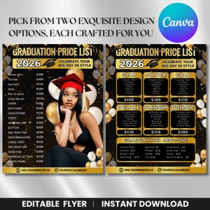 May include: A graduation price list for 2026, featuring a young woman in a graduation cap. The flyer offers various packages, including Star, Silver, Gold, Deluxe, Platinum, and Ultimate, with add-ons like t-shirts and buttons. The design is customizable.