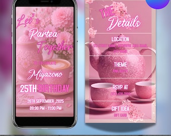 Bearbeitbare Rosa Teeparty-Geburtstagseinladung, Digital Pink Party Tea Invite, animierte Geburtstags-Brunch-Einladung, Brunch-Party-Evite-Vorlage