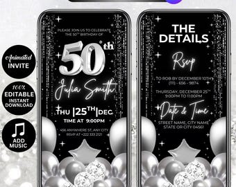 Animierte 50. Geburtstagseinladung Digitale Vorlage | Schwarz Gold Luxus Party Einladung mit Antwort-Tracker, Countdown, bearbeitbare Canva Men & Women