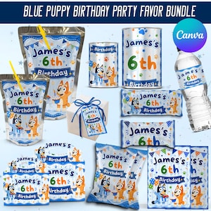 May include: A collection of blue and white birthday party favors featuring the text "James's 6th Birthday." The favors include juice pouches, candy wrappers, water bottle labels, and a gift box, all decorated with cartoon puppies.