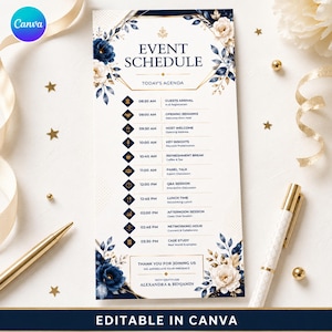 Op de afbeelding: Een verticale evenementenplanning-kaart met een witte achtergrond, marineblauwe en crèmekleurige bloemaccenten, gouden geometrische randen en donkerblauwe tekst. Het schema toont tijden van 08:30 tot 15:30 uur met bijbehorende iconen.