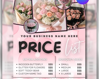 Floristen Preisliste bearbeitbare Vorlage, Canva, künstliche Blumen, Blumenstrauß Flyer, Blumenpreisliste, Instagram Promo Post, Canva bearbeitbar