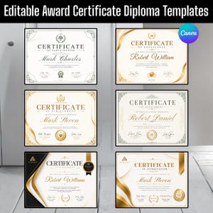 May include: A collection of six editable award certificate templates. The certificates feature elegant gold and black designs with decorative borders, ribbons, and seals. Each certificate includes space for names and details, with the text "Certificate" prominently displayed.