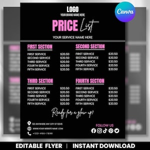 May include: Black and pink price list flyer with the text "PRICE List" and service sections. Includes the text "Ready for a glow up?" and social media icons. The flyer is an editable template.