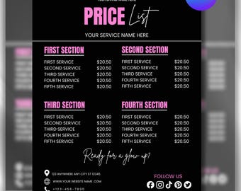 Black Price List Template Beauty Salon Pricing, Lash Tech, Hair Stylist, Braiders, Wig, Nail, Makeup, Editable DIY Canva Template Pricing