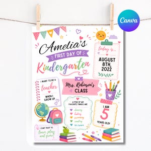 以下が含まれることがあります： Amelia's First Day of Kindergarten、August 8th, 2022、Mrs. Robinson's Class、I am 5 years oldというテキストが書かれたカラフルな幼稚園初日の看板。地球儀、バックパック、本、鉛筆のイラストが描かれています。