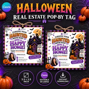 Puede incluir: Dos etiquetas cuadradas de Halloween para bienes raíces con cordel. El diseño muestra una casa embrujada, calabazas, un fantasma, un gato negro y telarañas. El texto incluye 'Turning Your Haunted House Hunt Into A Happy Home!' y '3.5 x 3.5 inch'.