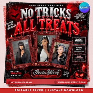 May include: A Halloween-themed flyer featuring the text NO TRICKS ALL TREATS in red and silver, with three framed photos of individuals with styled hair. The design includes bats, roses, a jack-o'-lantern, and text for bookings, specials, and a discount code.
