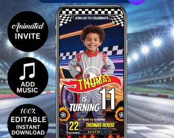 Renngeburtstags-Videoeinladung, bearbeitbarer Sportwagen, Hot Wheels Geburtstagsvideoeinladung, animierte Rennwagenparty, DIY Canva Download