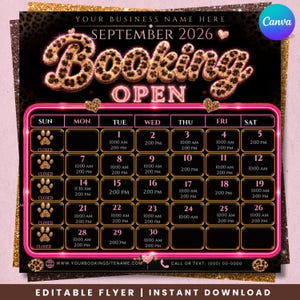 May include: A digital September 2026 booking calendar flyer with a black background and leopard print lettering. The design features neon pink outlines, paw print icons for closed days, and specific time slots for each date. Includes placeholders for business name, website, and phone number.