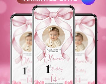 Rosa Schleife 1st Birthday, Mobile Invite, Animierte Coquette Vorlage (Digitaler Download)