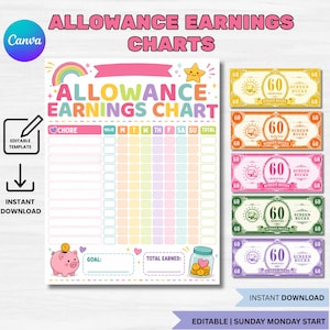 Op de afbeelding: Een sjabloon voor een zakgeld-verdienkaart met een kleurrijk rooster voor klusjes, een roze spaarvarken en een pot-illustratie. Bevat vijf rechthoekige screen bucks-coupons in geel, oranje, roze, groen en paars, elk gemarkeerd met 60 minuten.
